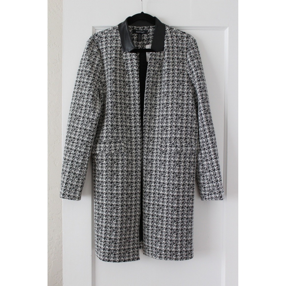 Ellen Tracy Houndstooth Open Front Coat Black White Faux Leather Collar ETWF2041